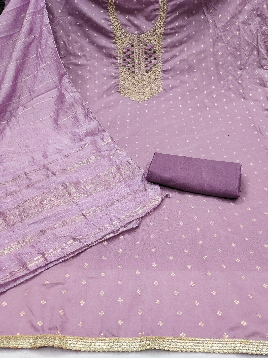 Elegant Purple Jacquard Dress Material with Embroidered Neckline - Image 5