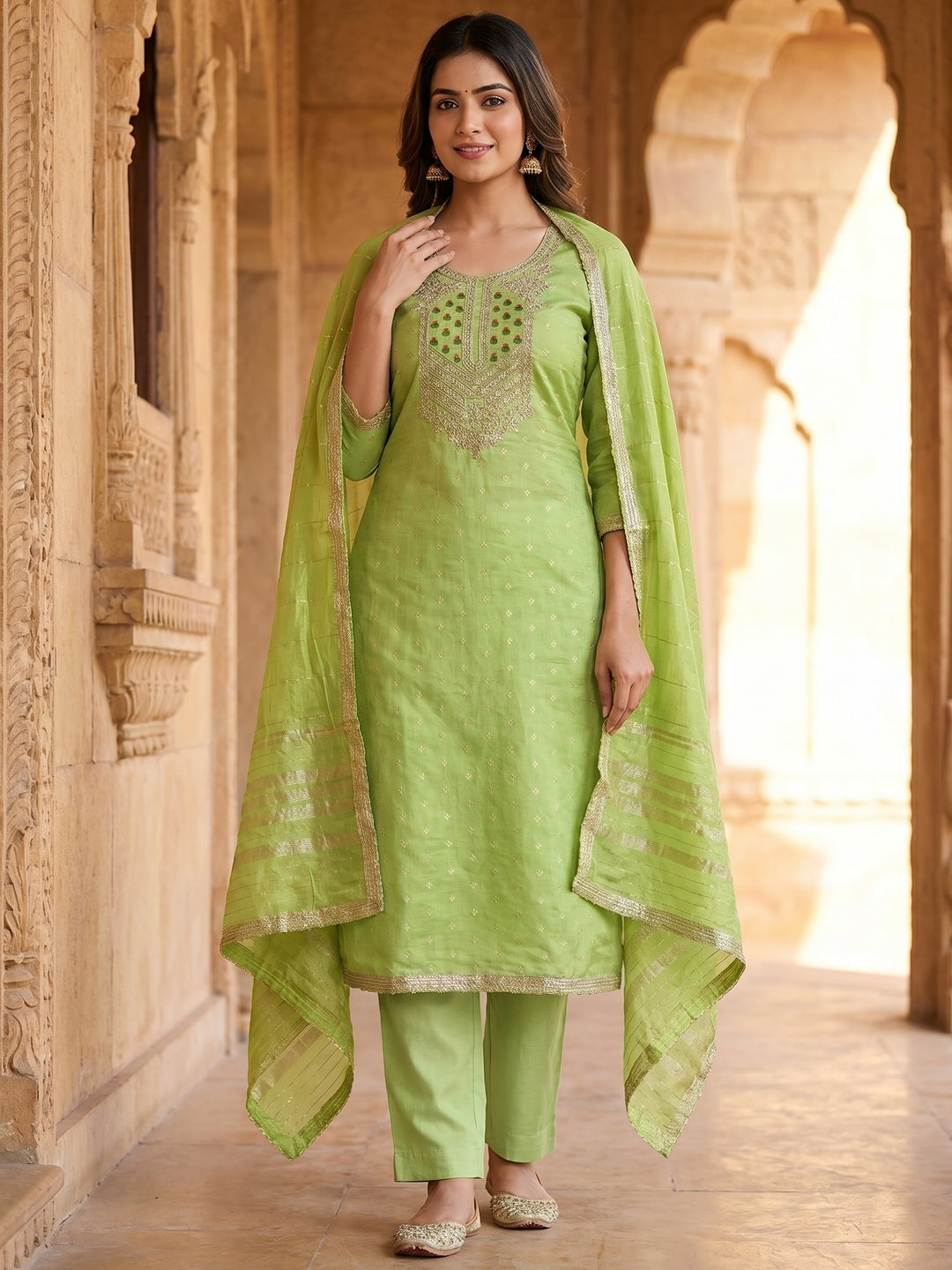Elegant Green Jacquard Dress Material with Embroidered Neckline - Image 2