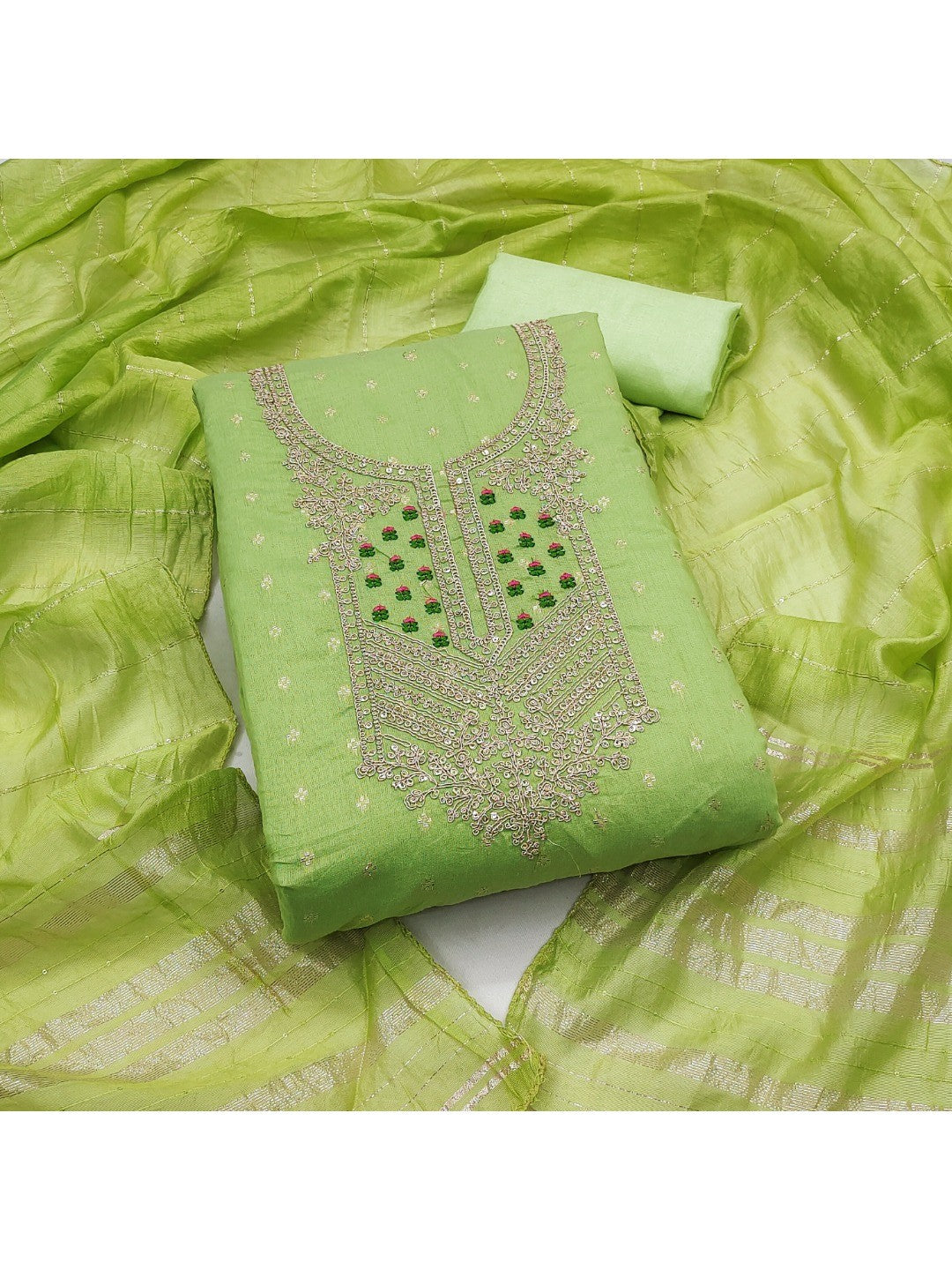 Elegant Green Jacquard Dress Material with Embroidered Neckline - Image 1