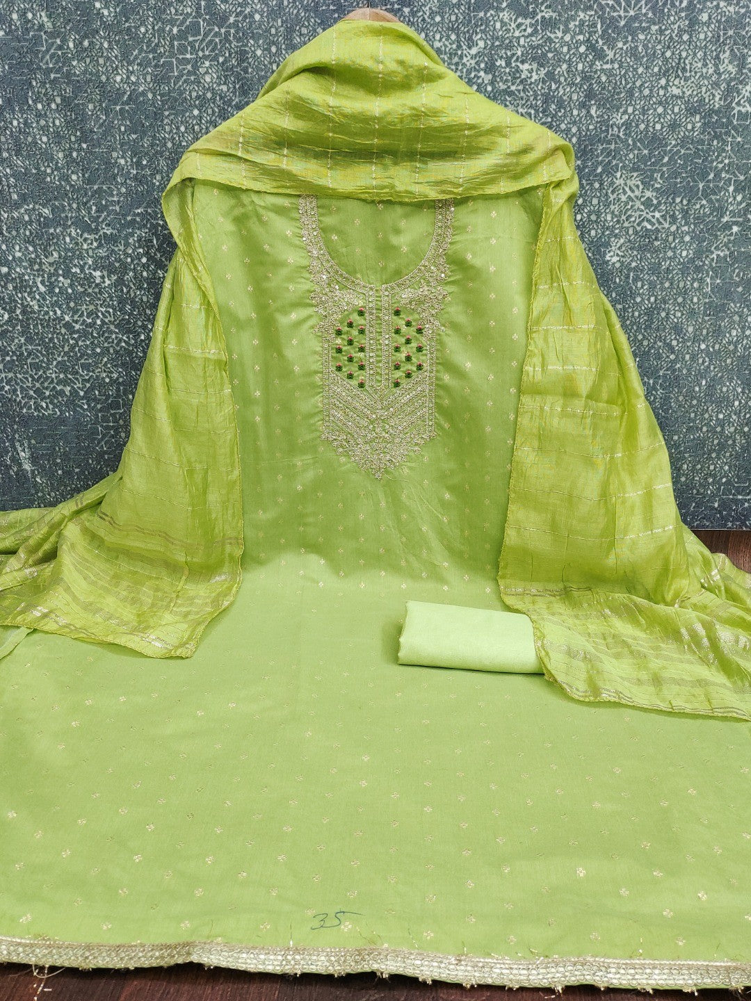 Elegant Green Jacquard Dress Material with Embroidered Neckline - Image 4