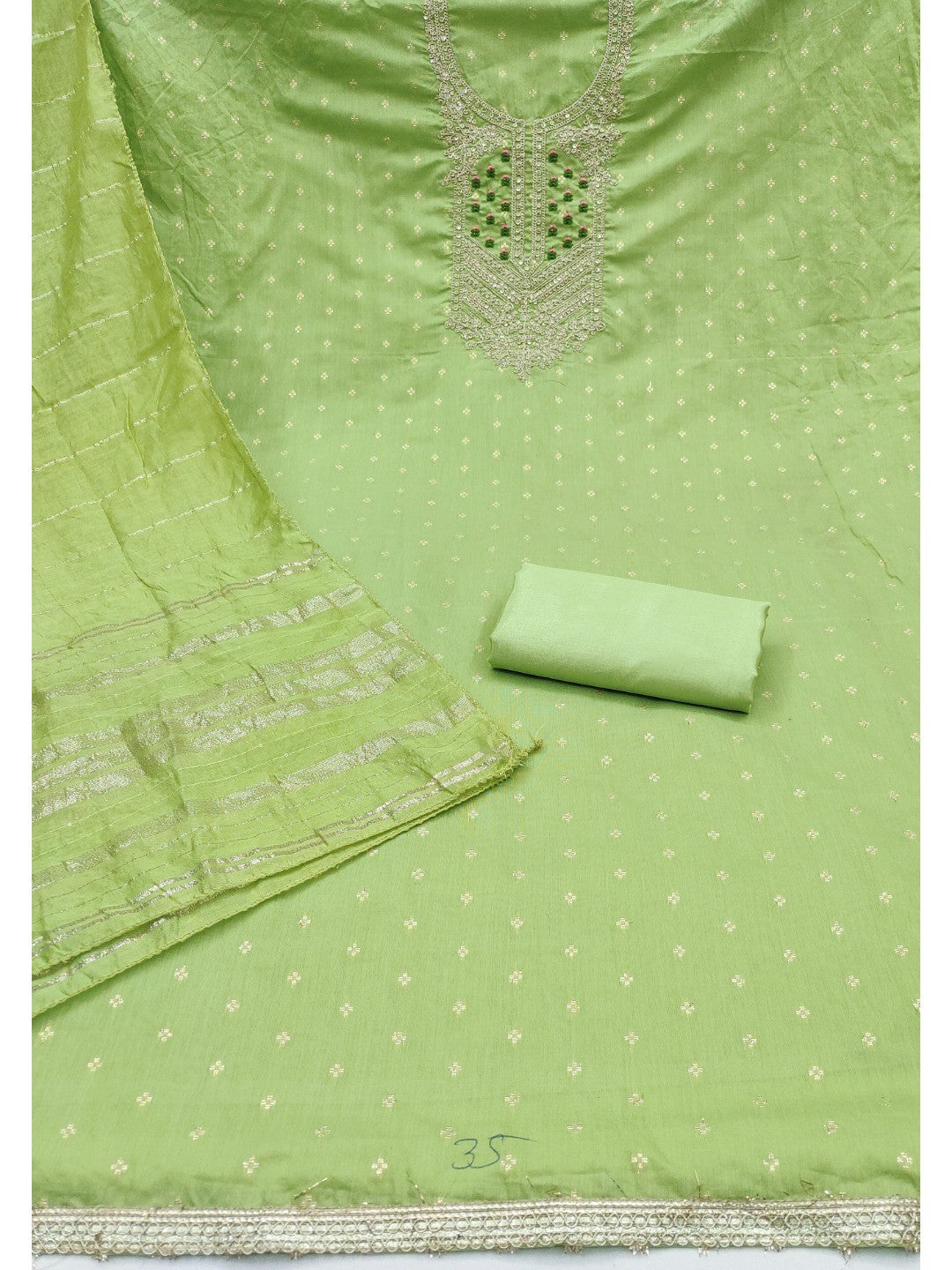 Elegant Green Jacquard Dress Material with Embroidered Neckline - Image 3