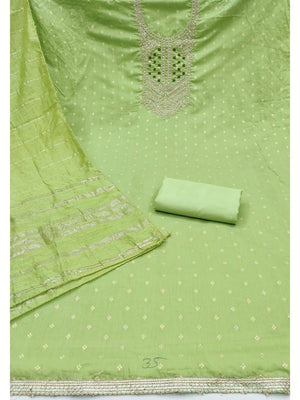 Elegant Green Jacquard Dress Material with Embroidered Neckline - Image 2