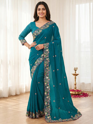 Teal Georgette Saree with Heavy Coding Sequins Embroidery Work - Image 1