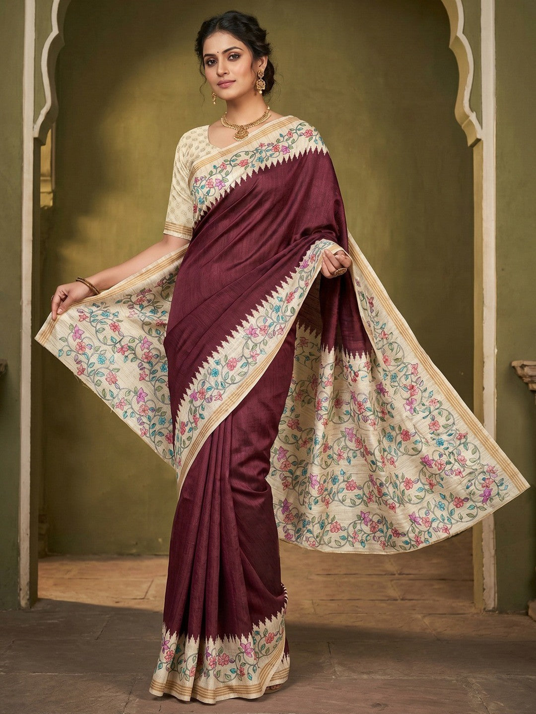 Luxurious Maroon Floral Digital Print Dola Silk Saree With Stylish Designer Work - Image 1