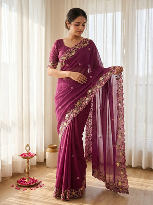 Magenta Georgette Saree with Heavy Coding Floral Thread Embroidery Work - Image 1