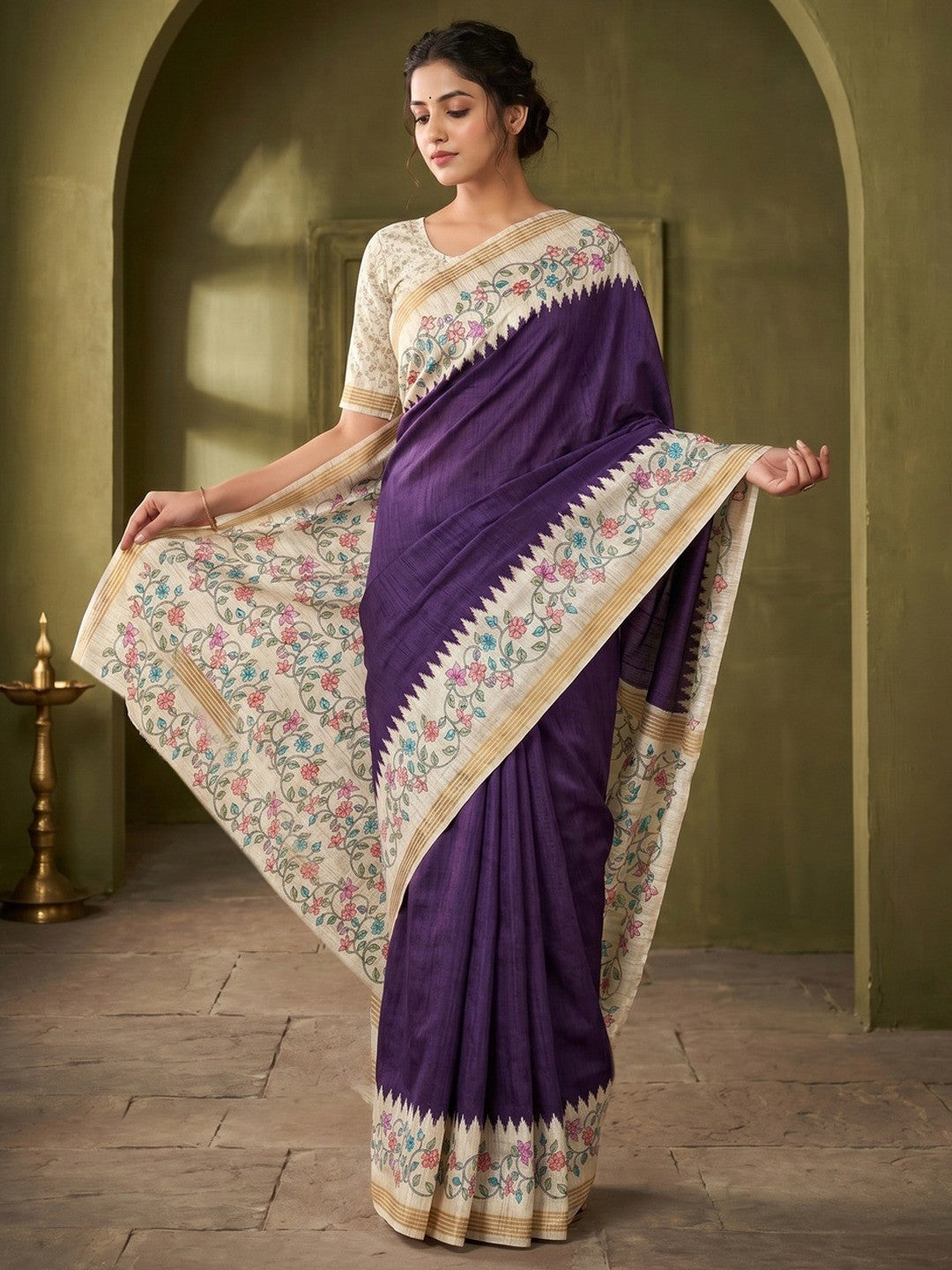 Luxurious Purple Floral Digital Print Dola Silk Saree With Stylish Designer Work - Image 1