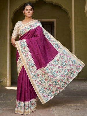 Luxurious Wine Floral Digital Print Dola Silk Saree With Stylish Designer Work - Image 1
