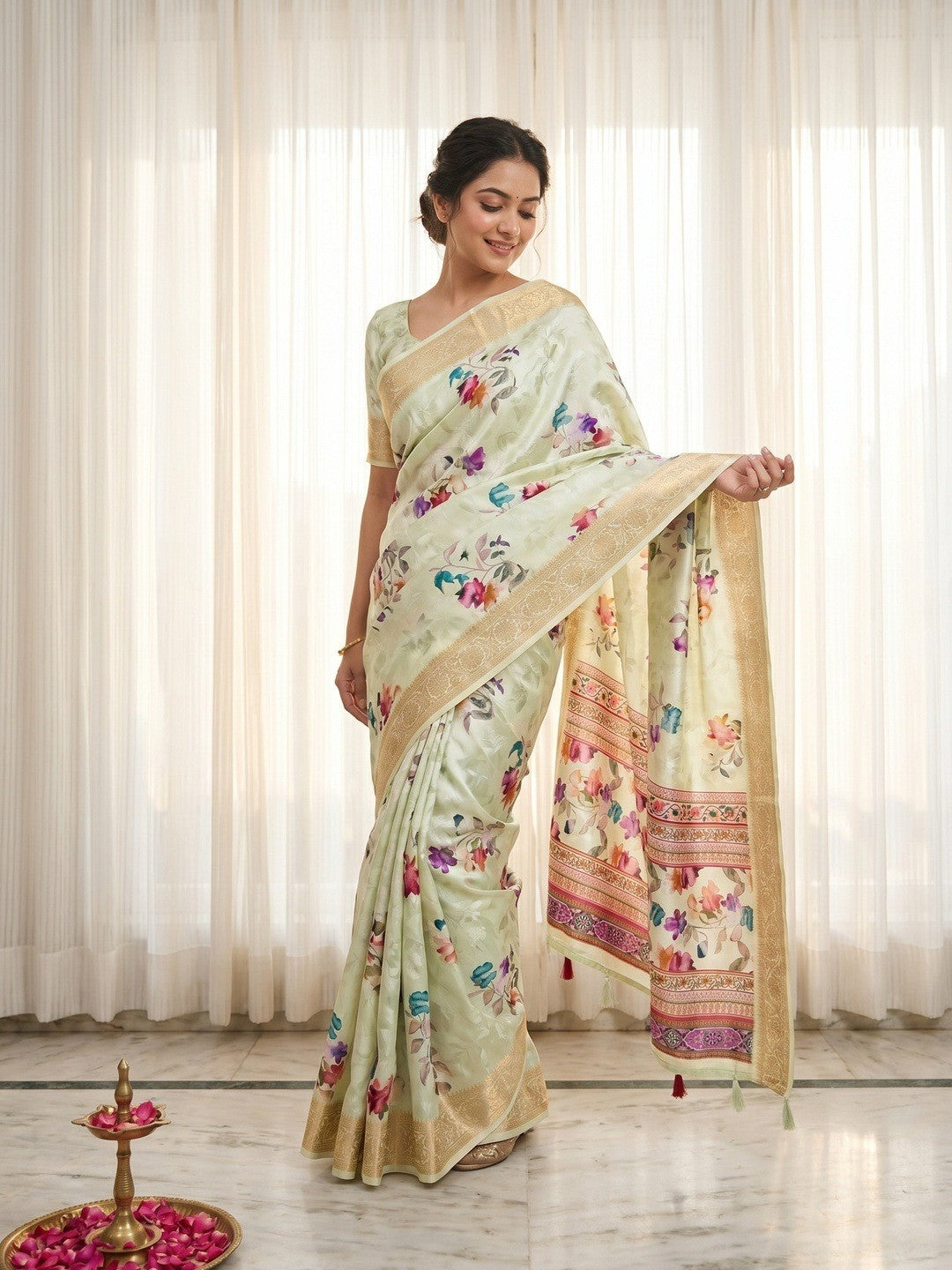 Stylish Pista Green Floral Digital Printed Dola Silk Saree With Elegant Woven Border - Image 1