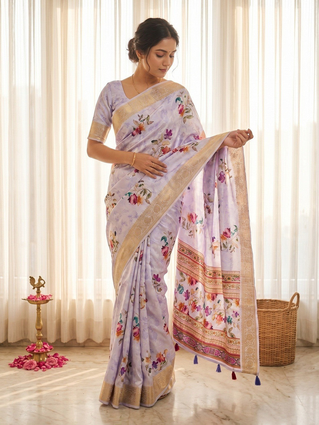 Stylish Lavender Floral Digital Printed Dola Silk Saree With Elegant Woven Border - Image 1