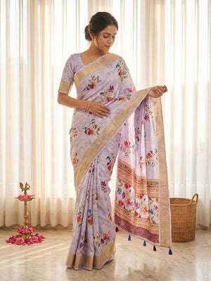 Stylish Lavender Floral Digital Printed Dola Silk Saree With Elegant Woven Border - Image 1