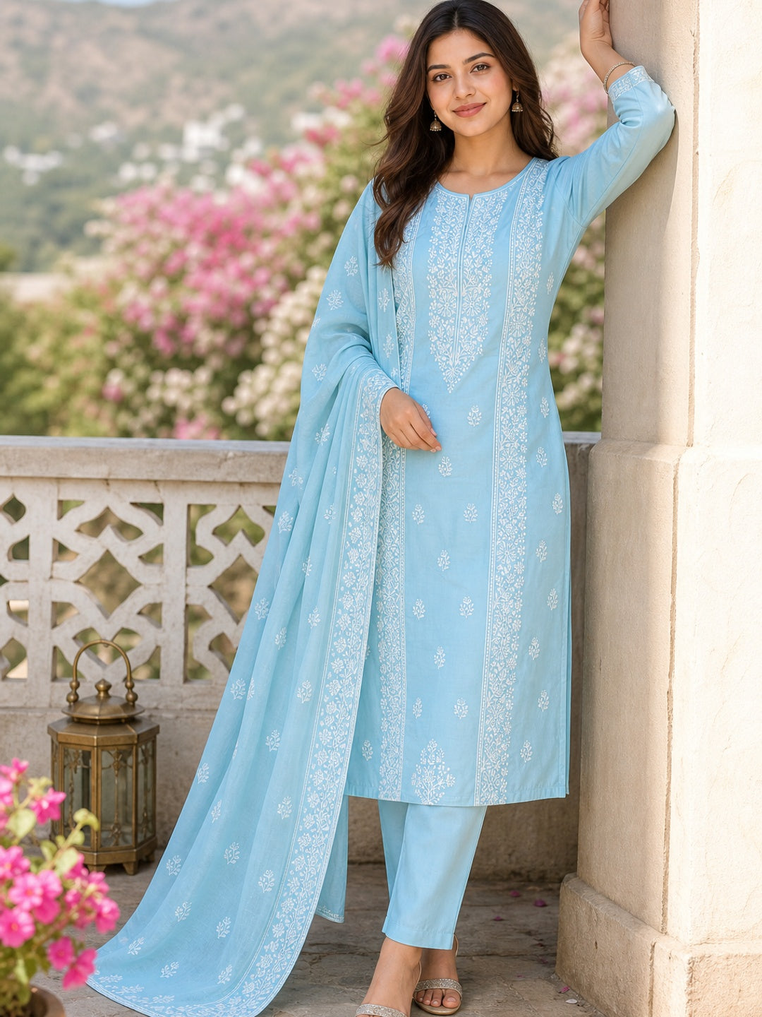Sky Blue Floral Embroidered Modal Dress Material - Image 1