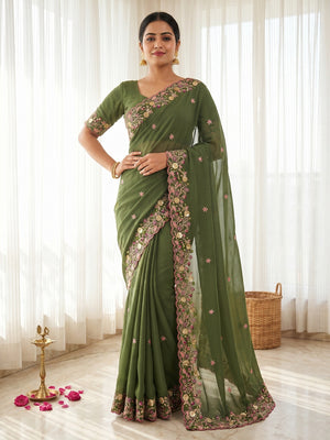 Olive Georgette Saree with Heavy Coding Floral Thread Embroidery Work - Image 1