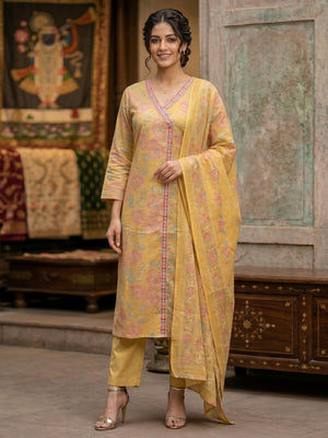 Designer Yellow Cotton Salwar Suit Set with Floral Print Graceful Traditional Look - Image 1
