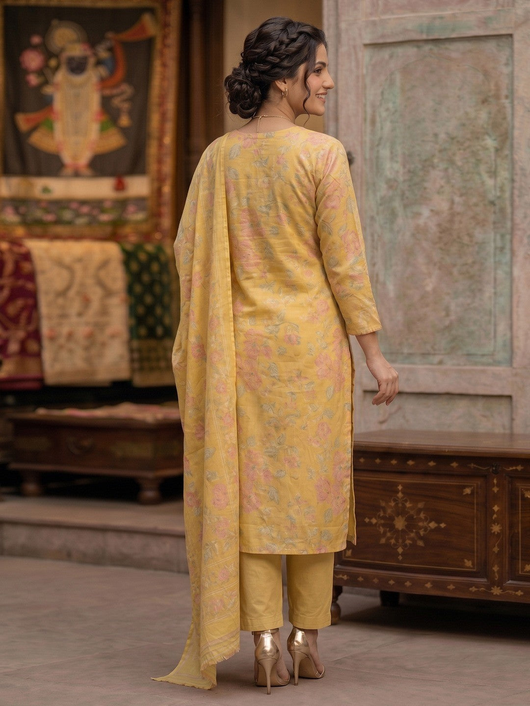 Designer Yellow Cotton Salwar Suit Set with Floral Print Graceful Traditional Look - Image 4