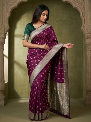 Elegant Magenta Satin Silk Zari Work Saree with Contrast Blouse - Image 1