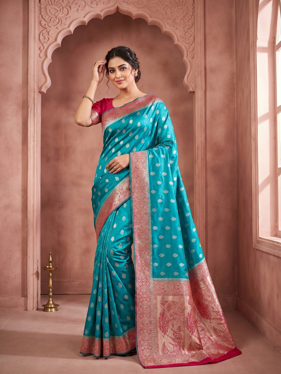 Teal Satin Silk Saree with Zari Work and Contrast Pink Border - Image 1