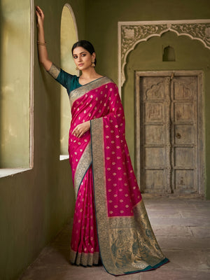 Elegant Pink Satin Silk Saree with Intricate Zari Work - Image 1