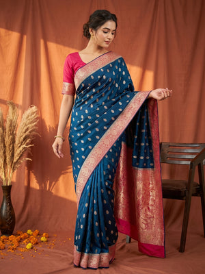 Elegant Rama Blue Satin Silk Zari Work Saree With Contrast Border - Image 1
