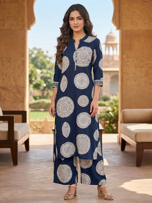 Navy Blue Geometric Printed Rayon Kurta Set with Palazzo - Image 1