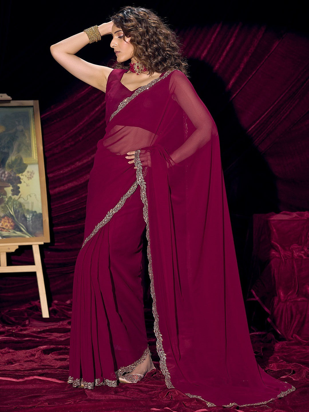 Glamorous Magenta Solid Georgette Saree Featuring Embellished Stone Border Work - Image 3