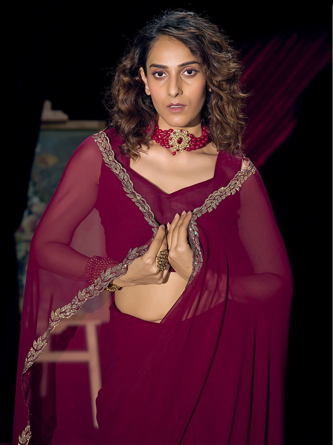 Glamorous Magenta Solid Georgette Saree Featuring Embellished Stone Border Work - Image 4