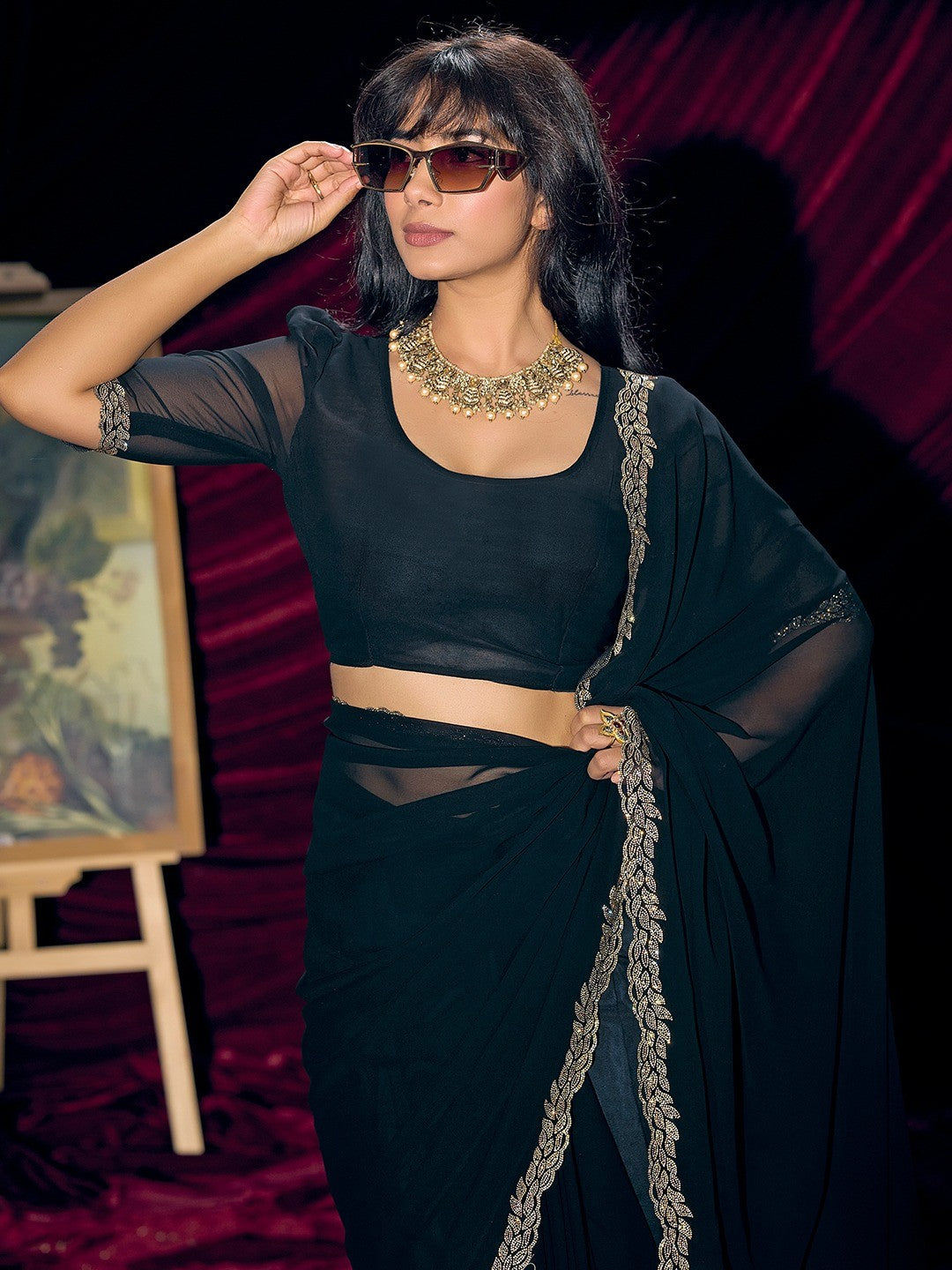 Glamorous Black Solid Georgette Saree Featuring Embellished Stone Border Work - Image 5
