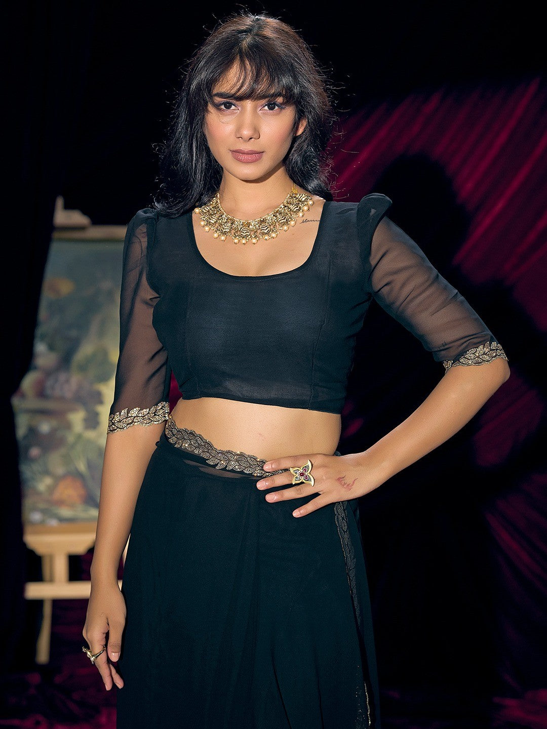 Glamorous Black Solid Georgette Saree Featuring Embellished Stone Border Work - Image 4