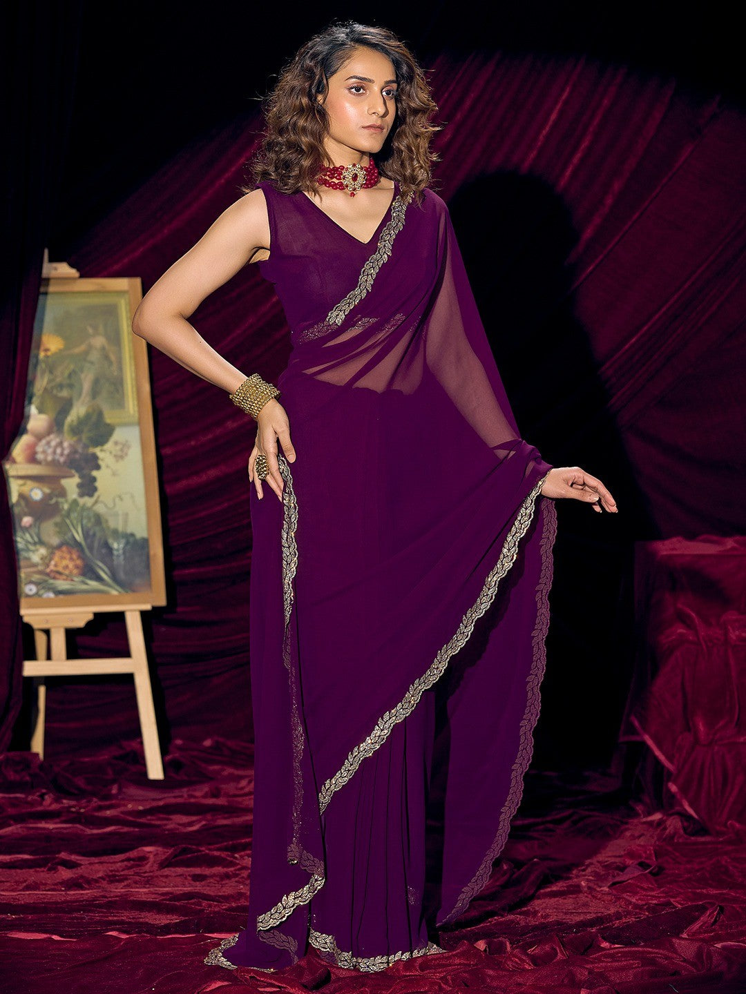 Glamorous Purple Solid Georgette Saree Featuring Embellished Stone Border Work - Image 1