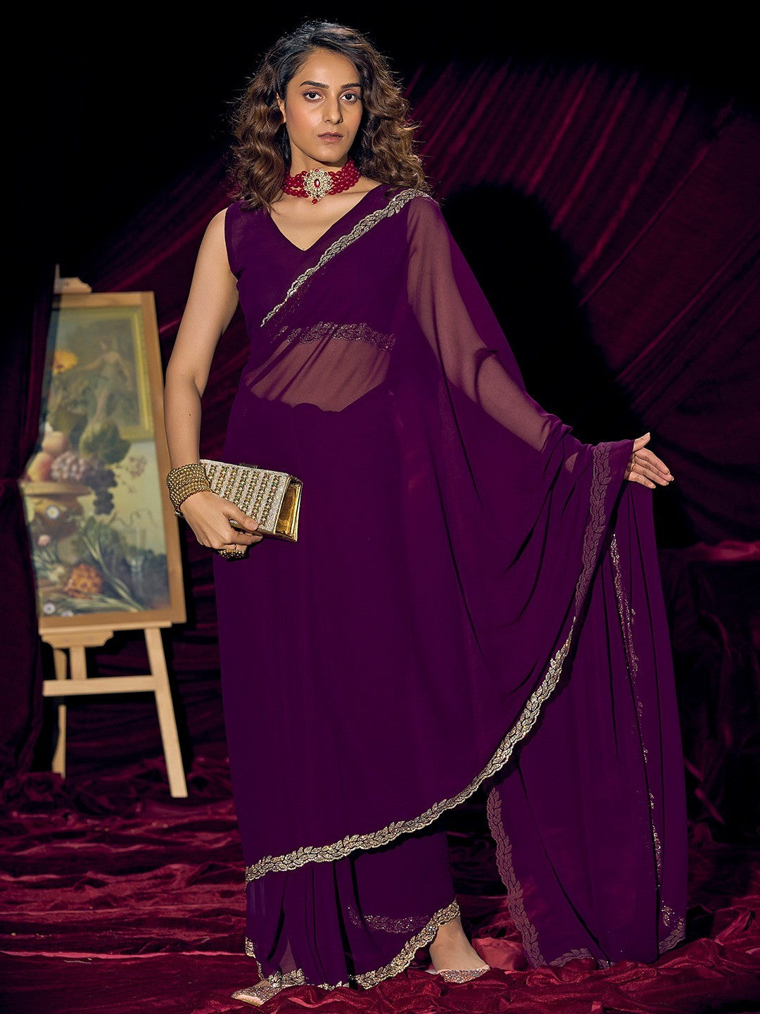 Glamorous Purple Solid Georgette Saree Featuring Embellished Stone Border Work - Image 2