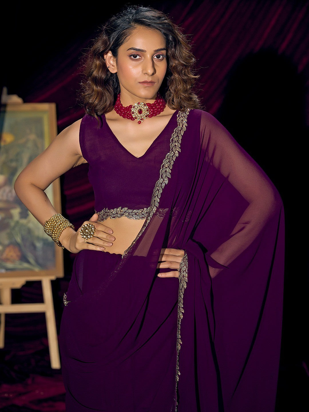 Glamorous Purple Solid Georgette Saree Featuring Embellished Stone Border Work - Image 4