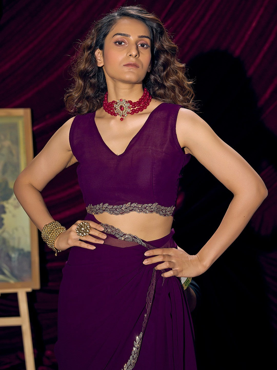 Glamorous Purple Solid Georgette Saree Featuring Embellished Stone Border Work - Image 3