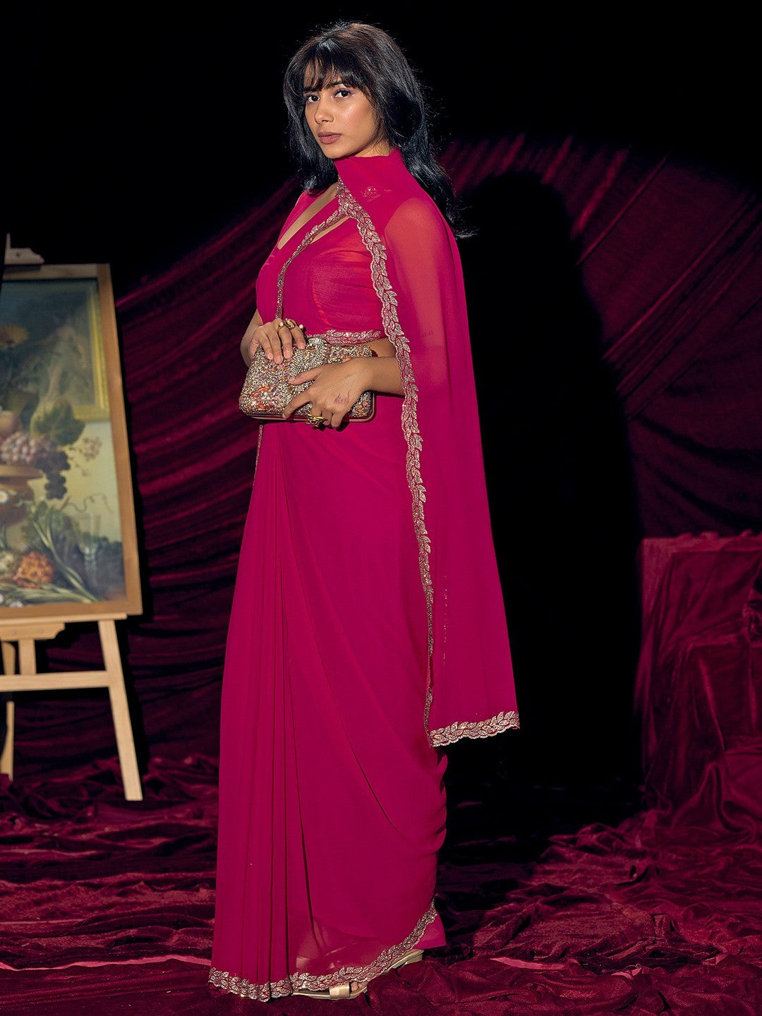 Glamorous Pink Solid Georgette Saree Featuring Embellished Stone Border Work - Image 3