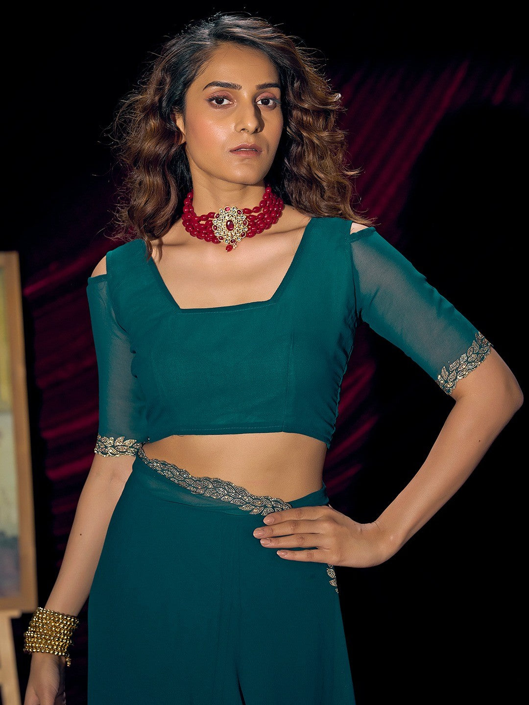 Glamorous Teal Solid Georgette Saree Featuring Embellished Stone Border Work - Image 2