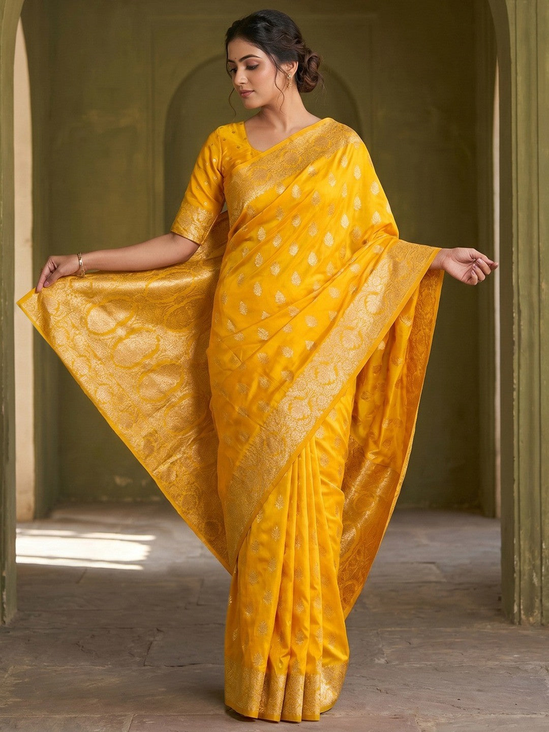 Elegant Yellow Floral Zari Weaving Art Silk Saree With Graceful Traditional Craftsmanship - Image 1