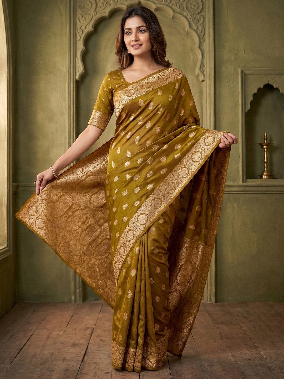 Elegant Dark Mustard Floral Zari Weaving Art Silk Saree With Graceful Traditional Craftsmanship - Image 1