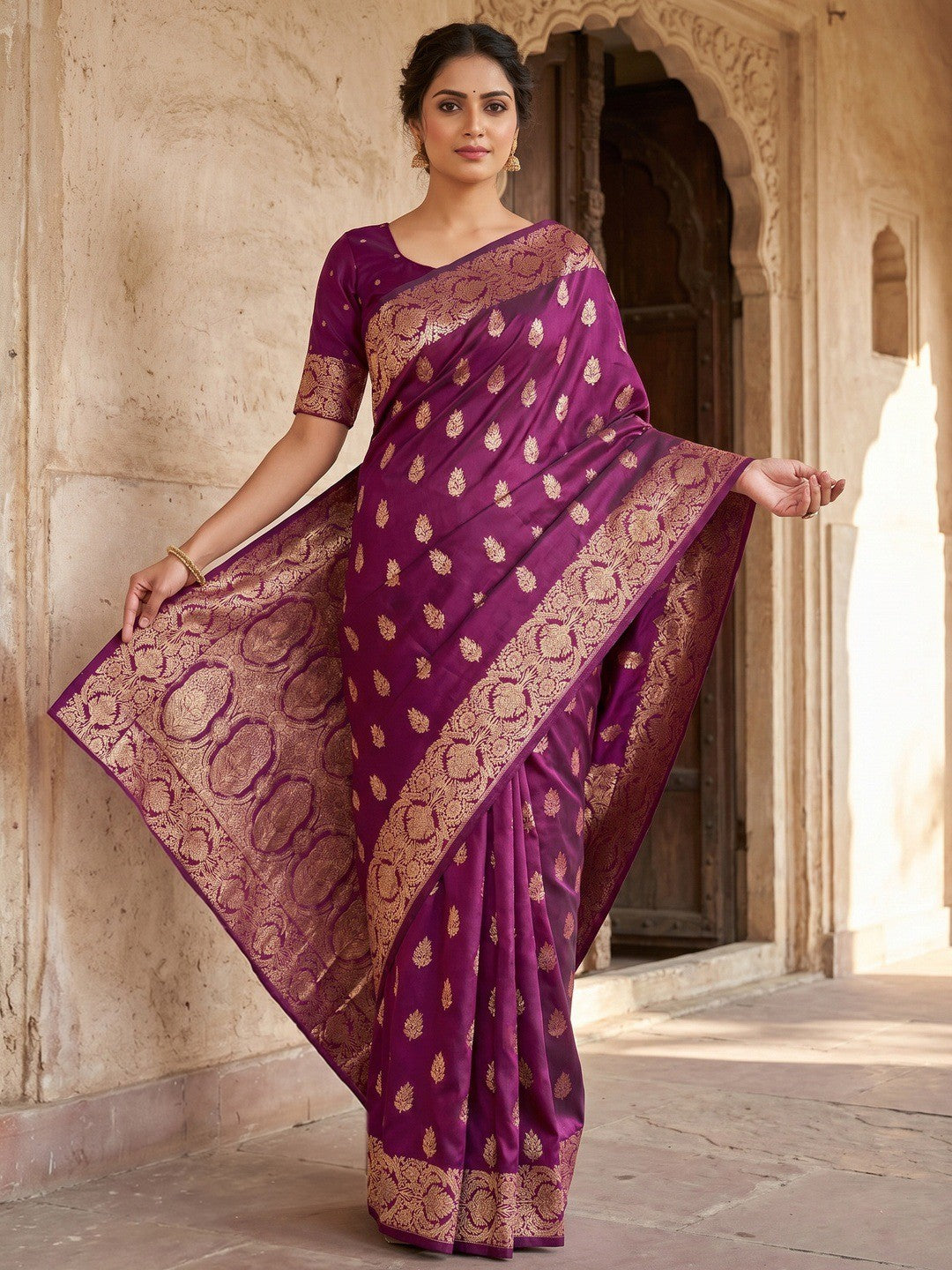 Elegant Wine Floral Zari Weaving Art Silk Saree With Graceful Traditional Craftsmanship - Image 1