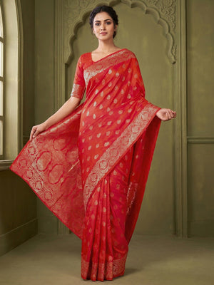 Elegant Coral Pink Floral Zari Weaving Art Silk Saree With Graceful Traditional Craftsmanship - Image 1