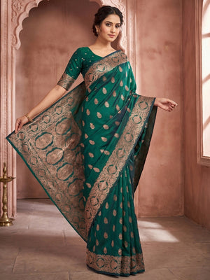 Elegant Green Floral Zari Weaving Art Silk Saree With Graceful Traditional Craftsmanship - Image 1