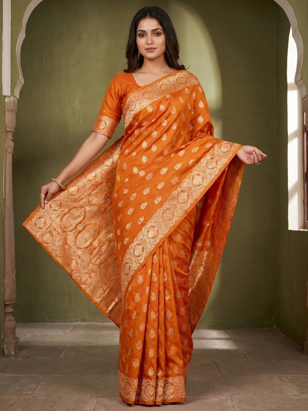 Elegant Orange Floral Zari Weaving Art Silk Saree With Graceful Traditional Craftsmanship - Image 1