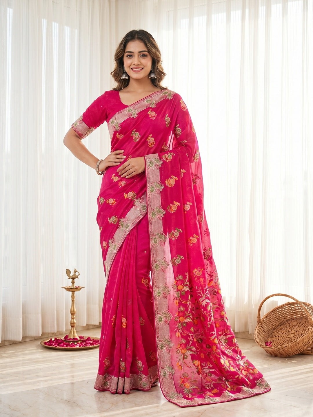 Pink Chiffon Saree with Intricate Floral Weaving and Stone Work Elegant Party Wear - Image 1