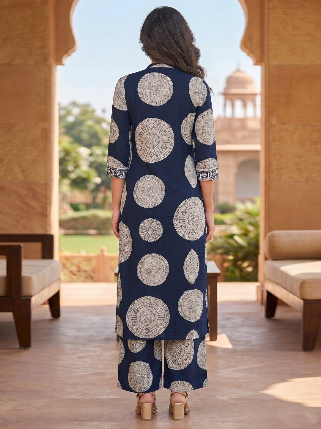 Navy Blue Geometric Printed Rayon Kurta Set with Palazzo - Image 3