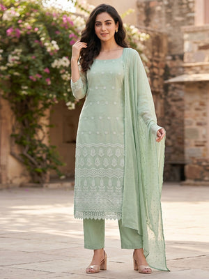 Stunning Sea Green Floral Embroidery With Sparkling Sequins Work Georgette Dress Material - Image 1