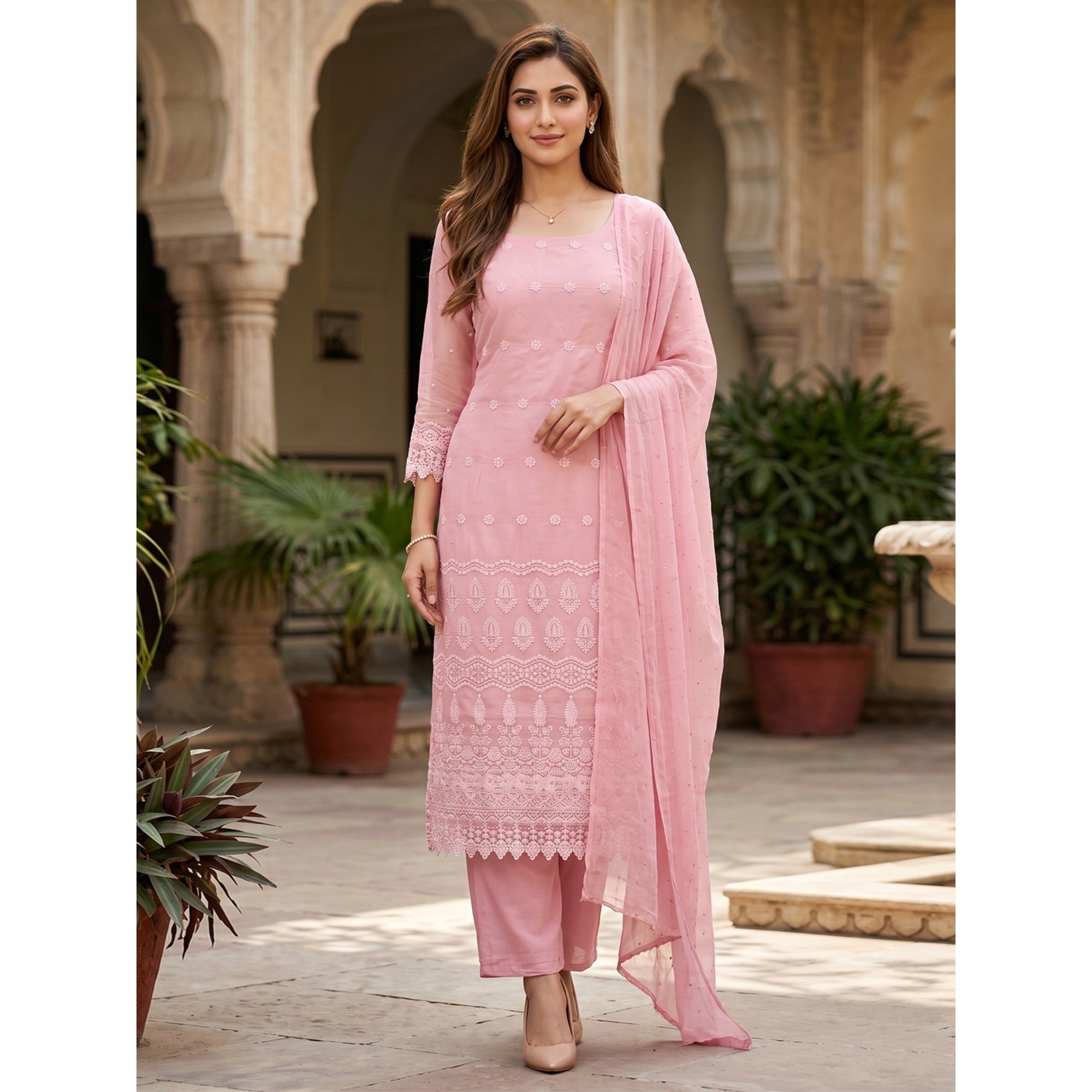 Stunning Light Rose Pink Floral Embroidery With Sparkling Sequins Work Georgette Dress Material - Image 1