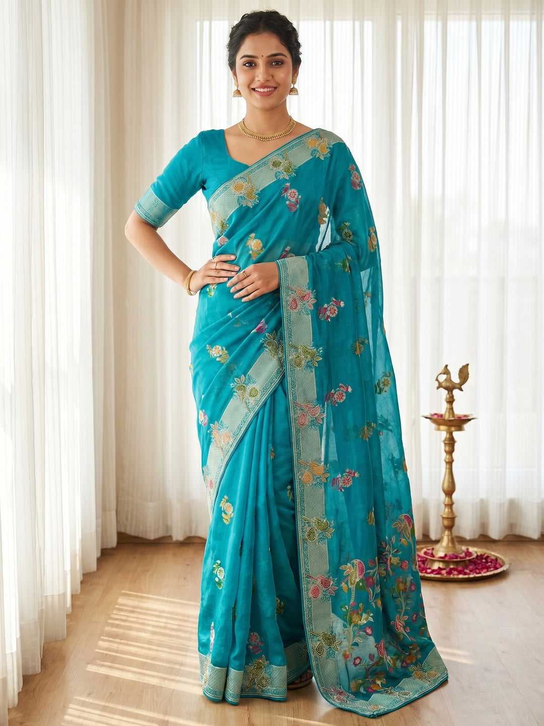 Rama Blue Chiffon Saree with Intricate Floral Embroidery and Zari Border - Image 1