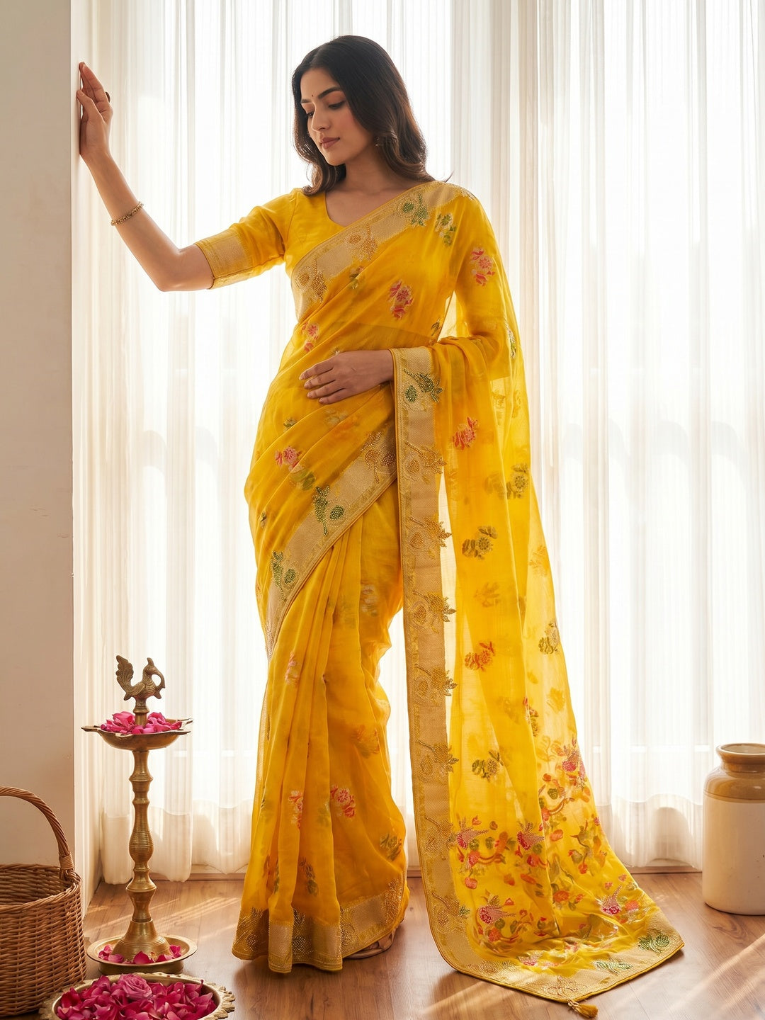 Yellow Chiffon Saree with Intricate Floral Weaving and Stone Work Elegant Party Wear - Image 1