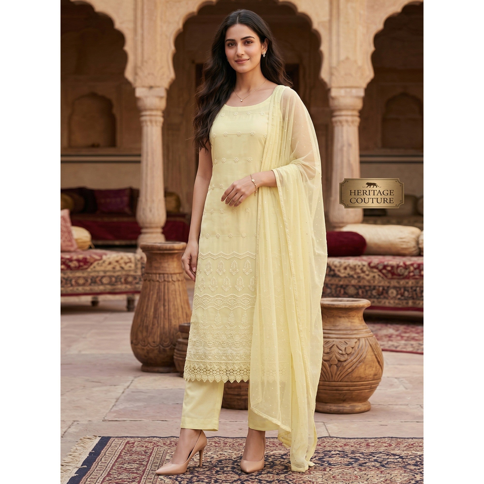 Stunning Yellow Floral Embroidery With Sparkling Sequins Work Georgette Dress Material - Image 1