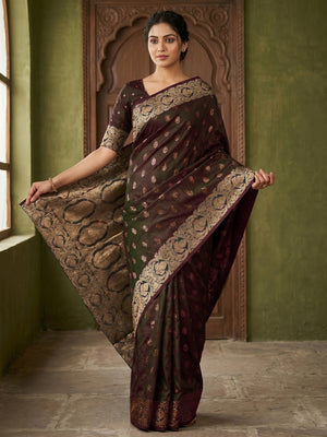 Elegant Brown Floral Zari Weaving Art Silk Saree With Graceful Traditional Craftsmanship - Image 1