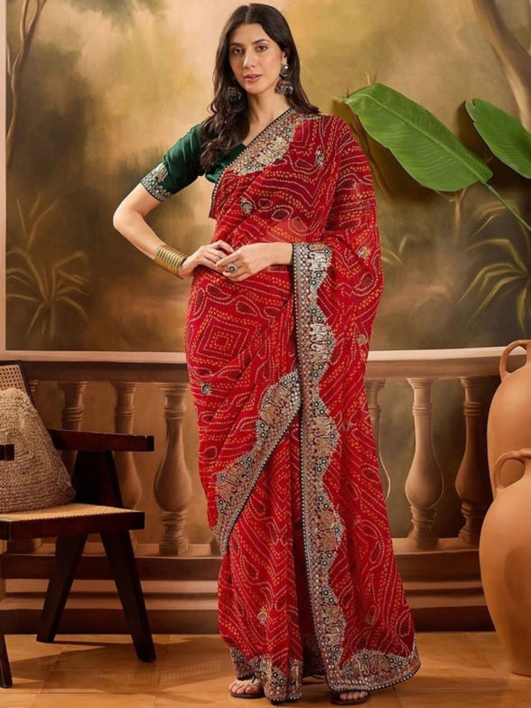 Stunning Red Bandhani Georgette Saree with Embellished Border - Image 1