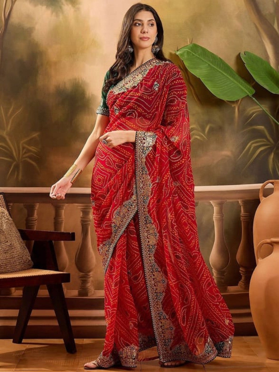 Stunning Red Bandhani Georgette Saree with Embellished Border - Image 5