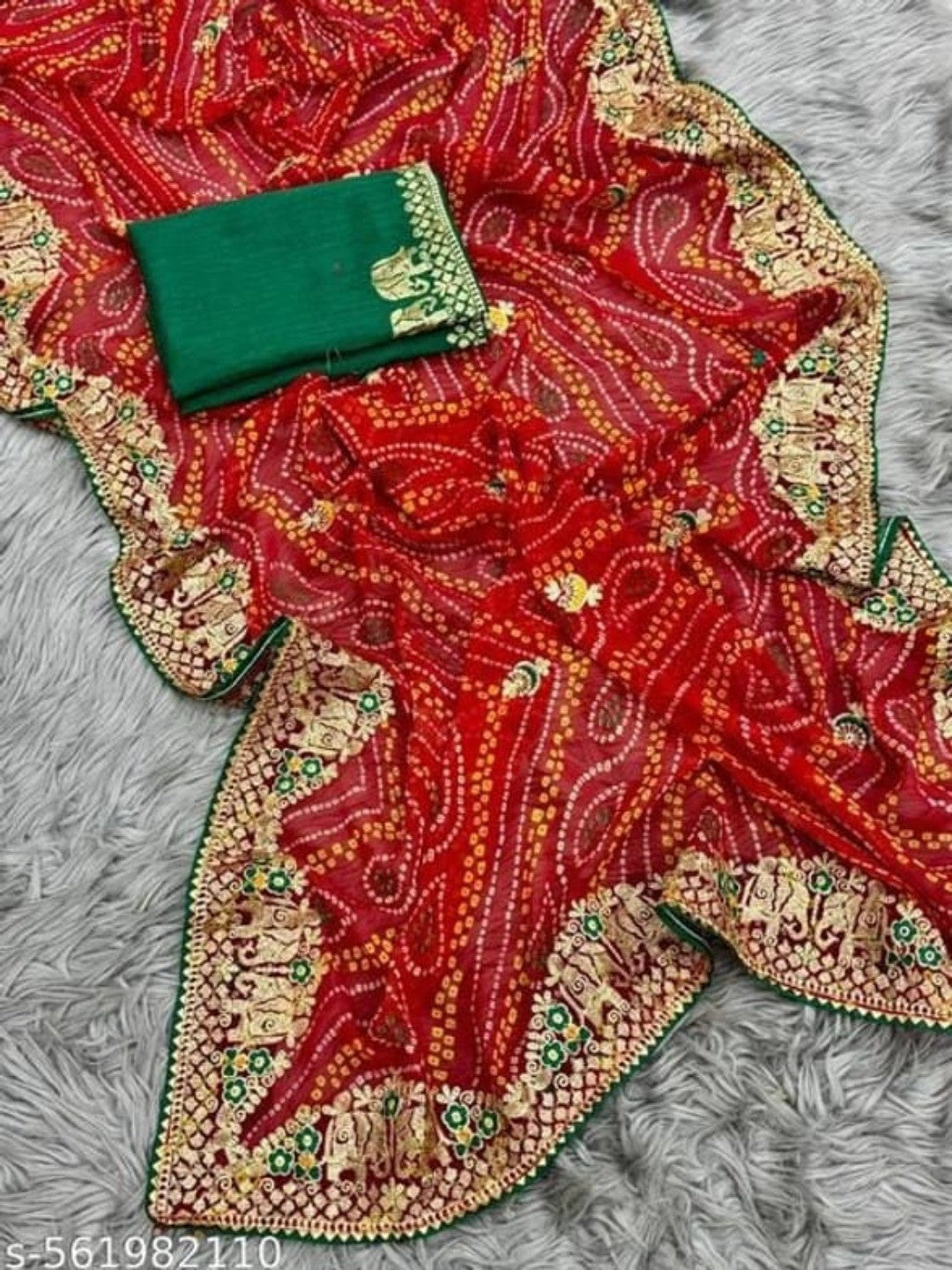 Stunning Red Bandhani Georgette Saree with Embellished Border - Image 2